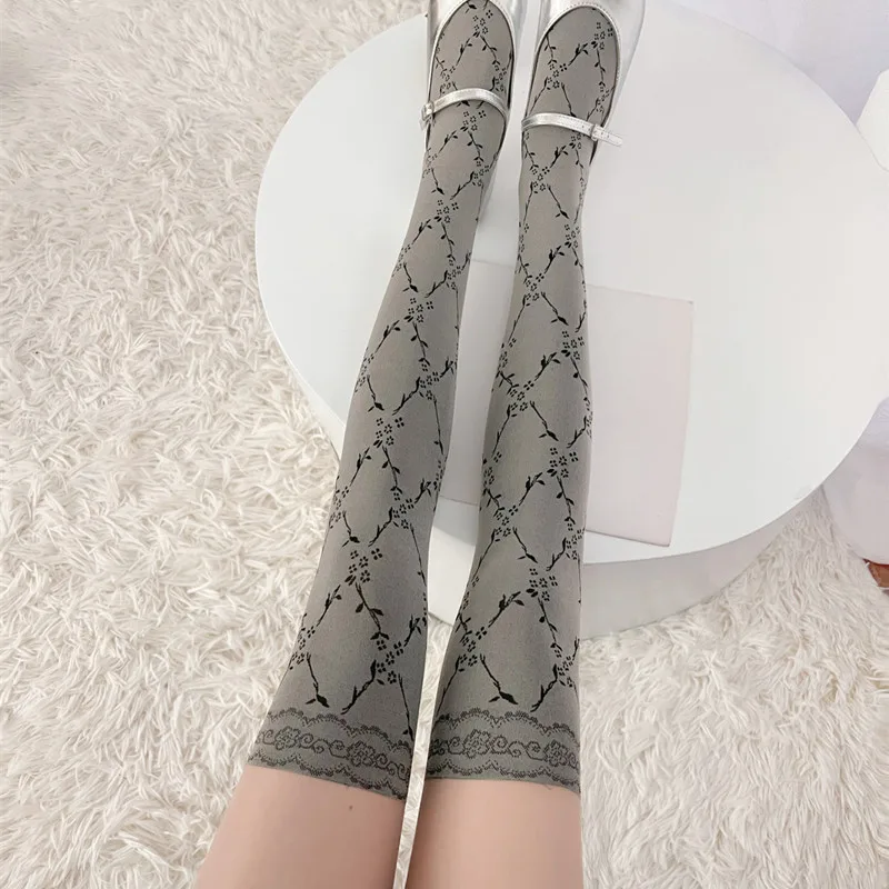 

Grey Patchwork Fake Thigh-High Stockings Cross Floral Rattan Jacquard Retro Pantyhose Spice Girls Color Matching Tights