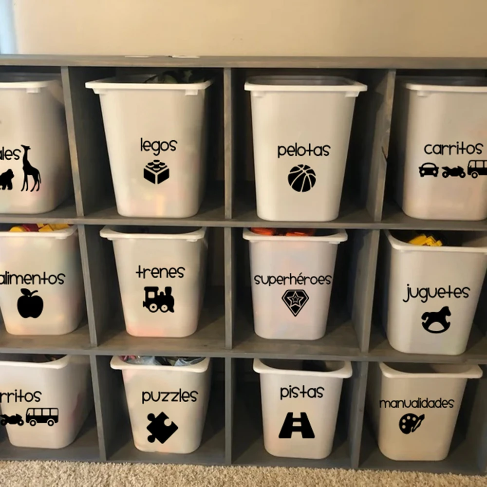 Cartoon Spanish Girls Boys Toy Organization Labels Basket Bin Sticker Decal Playroom Baby Nurser Kids Room