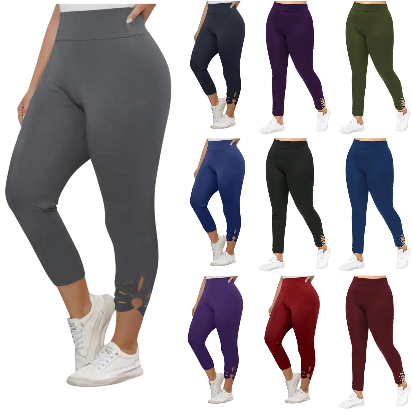 

2024 Women's Solid Colour Breathable Stretch Lace-up Casual Leggings Outdoor Fashion Nine Minute Pants Pantalones De Mujer