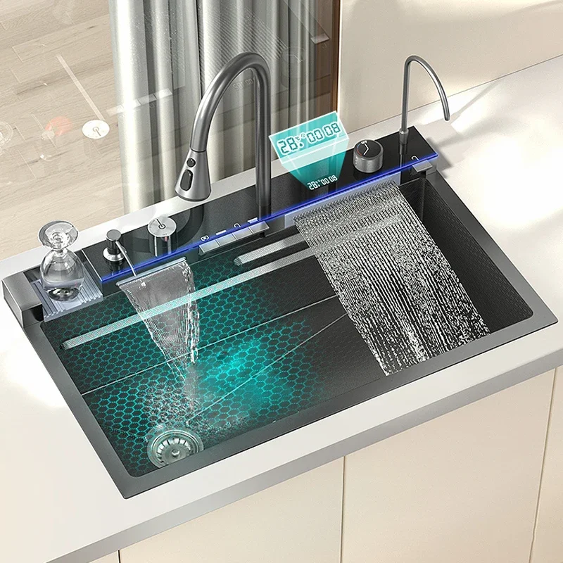 Kitchen Sink Stainless Steel Waterfall Sink Digital Display Large Single Slot Household Washbasin left side down kitchen