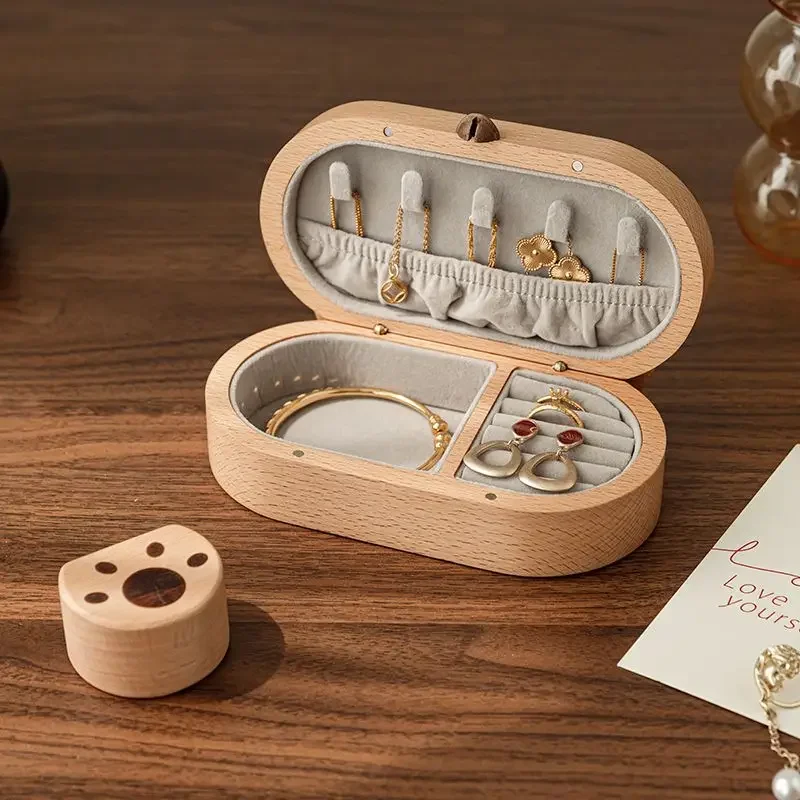 Solid Wood Fortune Cat Jewelry Box,Retro Portable Earrings Rings Premium Jewelry Box Holder Storage,Gift for Couple Friend Girl 3