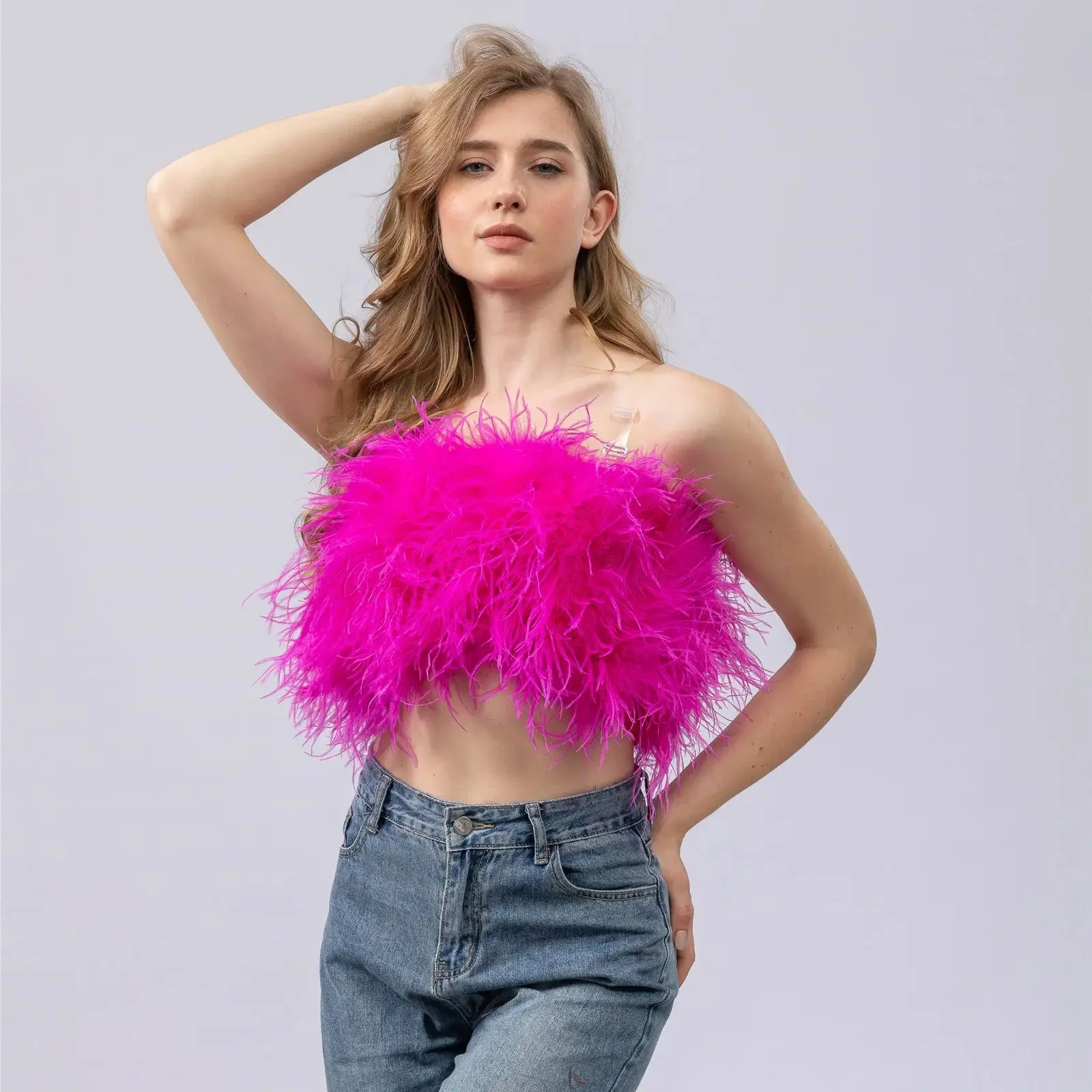 Stock On Sale Feather Tube Top Strapless Vest Mini Top Furry For Party Fustian Hot Pink Color Chest Wrap high 20 cm