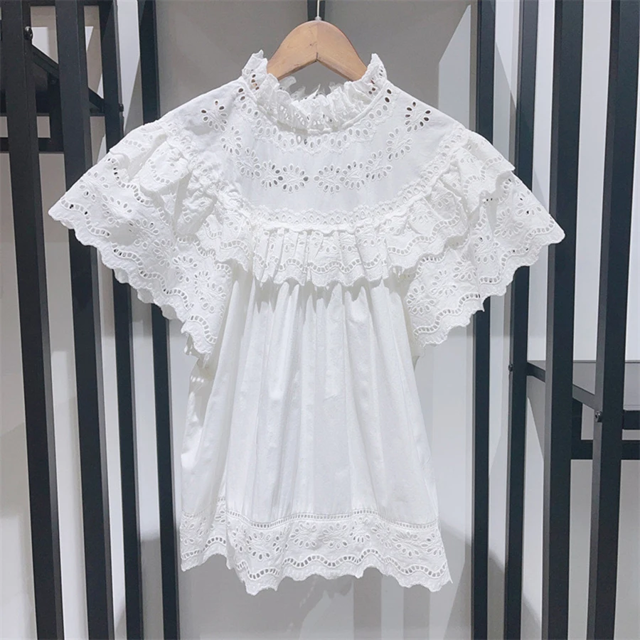 

2024 new arrive solid white summer top for women luxury brand high quality ruffles embroider hollow draped elegant t-shirt