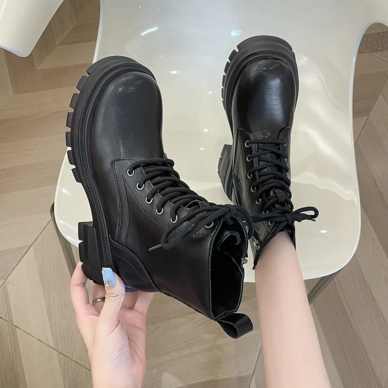 Shoes for Women 2023 Non Slip Ankle Women's Boots Platform Modern Boots Women Zip Round Toe Lace Up Fretwork Heel Shoes Female