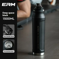Insulated Stainless Steel Sports Water Bottle - Double Wall Tumbler with Handle - 0.7 - 1.5L (BLACK - 1500ML)