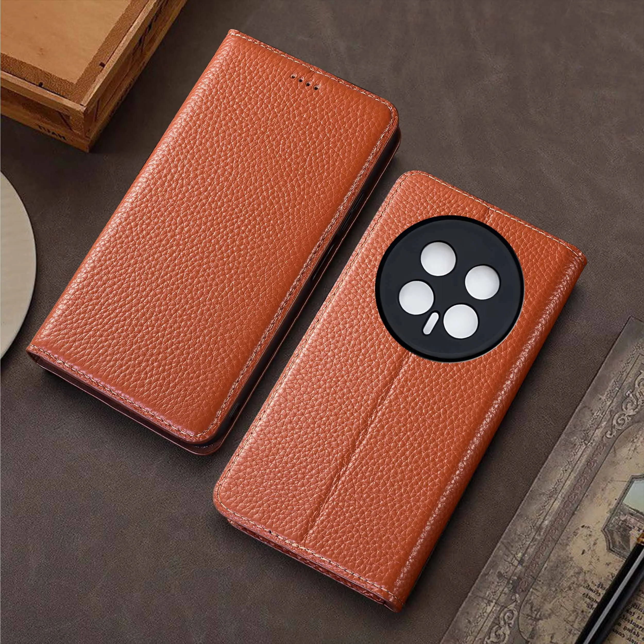 Luxurious Genuine Leather Lychee Pattern Wallet Flip Phone Case - Cowhide Scratch-Proof Design