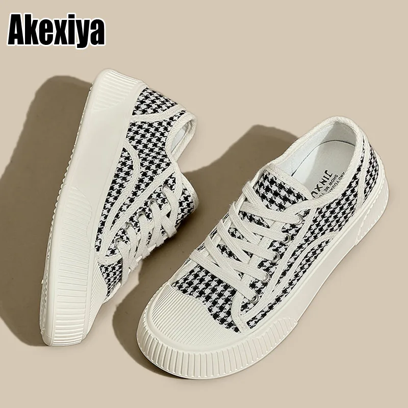 White Shoes Houndstooth Pattern Twowear Canvas Shoes Women Platform