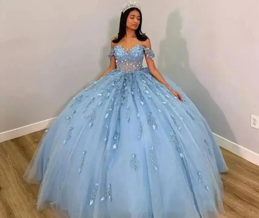 

ANGELSBRIDEP Blue Ball Gown Quinceanera Dresses 3D Flowers Floral Appliques Lace Vestidos De 15 Anos Princess Party Gowns Corset