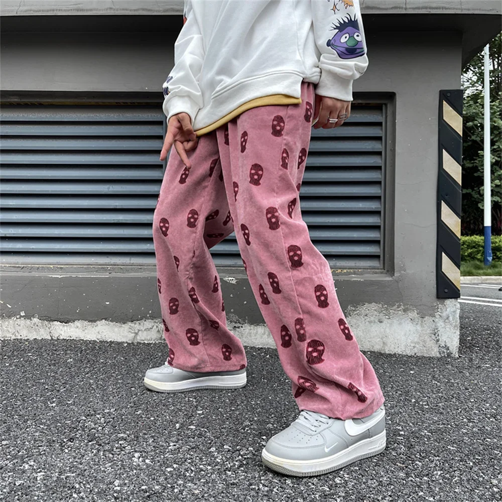 Harajuku Fahion Print Drawstring Casual Corduroy Men Baggy Pants Hip Hop Straight Sweatpants Male Loose Trousers