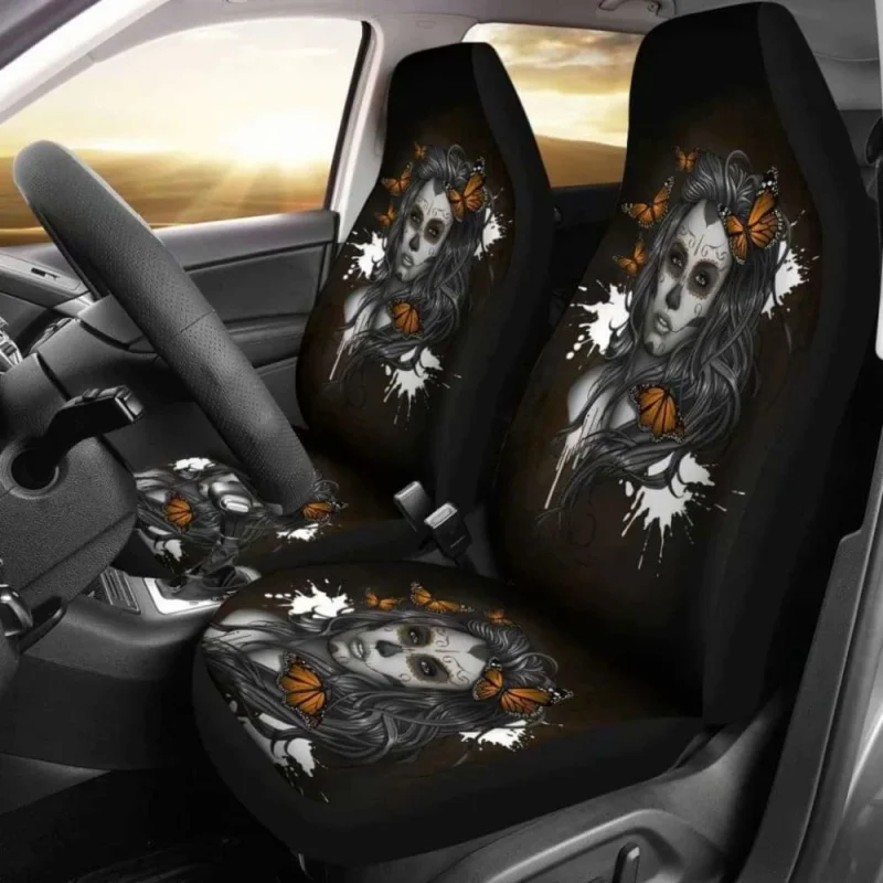 

Set Of 2 Beauty Girl Sugar Skull ,Pack of 2 Universal Front Seat Protective Cover