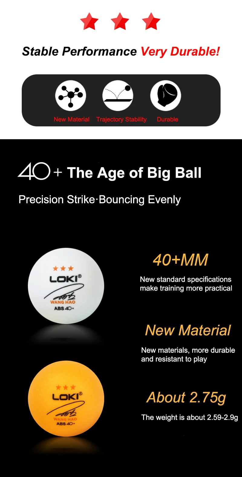 Description Picture 3 of itemLOKI 3 Stars Seamed Table Tennis Balls 40+mm New ABS Plastic Material Professional Ping Pong Balls for Club Training Durable
