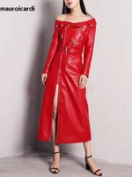Mauroicardi printemps automne longue équipée rouge Pu cuir Biker robe femmes fermeture éclair ceinture élégant luxe concepteur hors épaule vêtements 3