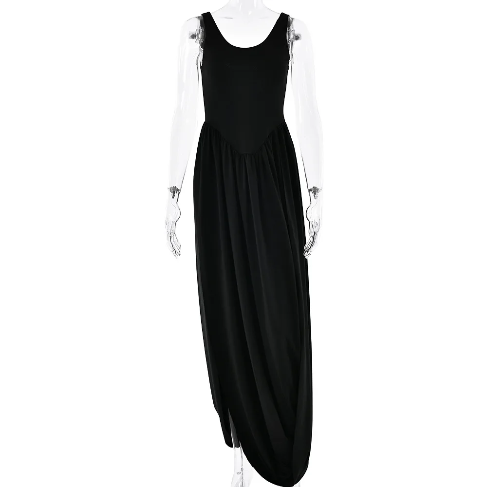 Cryptographic Sexy Split Backless Draped Maxi Dress Birthday Club Outfits Elegant Sleeveless Summer U Neck Dresses Robes