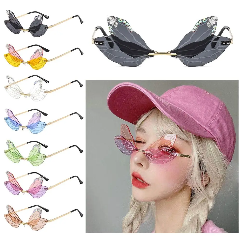 

Women's Fashion Rimless Irregular Eyewear Diamond Sun Glasses Dragonfly Wing Sunglasses Bling Shades