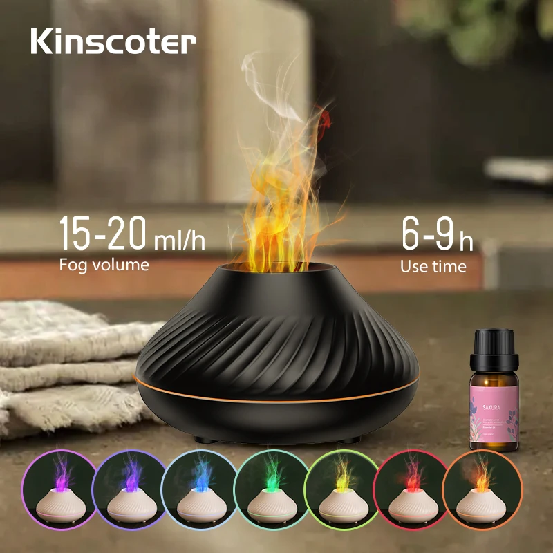 Kinscoter Volcanic Aroma Diffuser Essential Oil Lamp 130ml USB Portable Air Humidifier with Color Flame Night Light cb5feb1b7314637725a2e7: Black 130ml|White 130ml