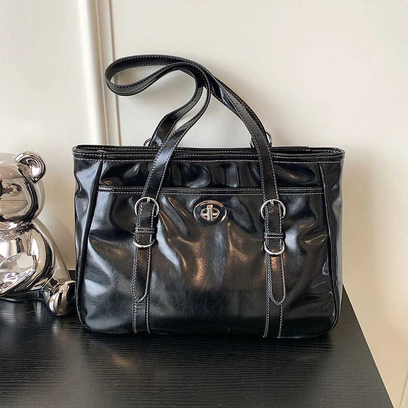 Vintage Women's Bag High Quality Handbag Fashion Tote Bag Glossy PU Shoulder Bag Sewing Thread