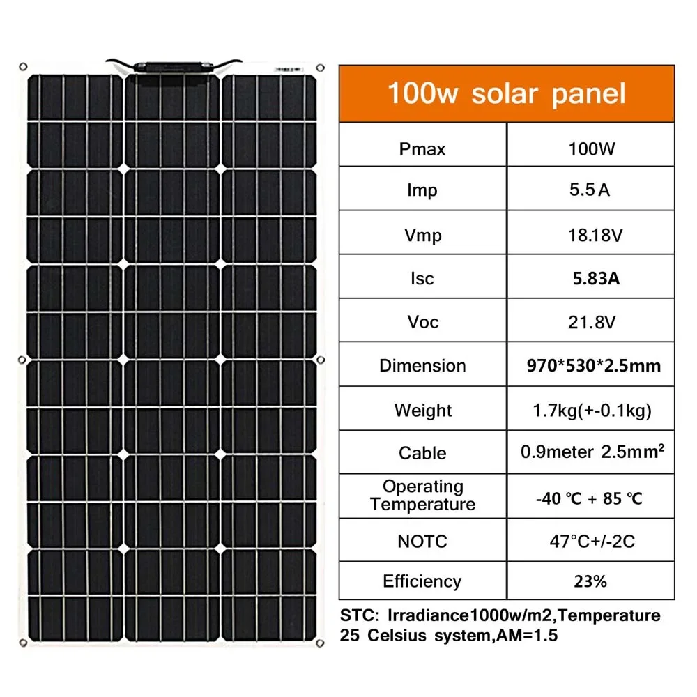 รูปสินค้า แผงโซลาร์เซลล์ยืดหยุ่น 100W กันน้ำ ชาร์จแบตเตอรี่ 12V ได้ทุกที่