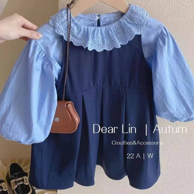 

Girls' Loose Two-Piece Suit Dress Baby Girls' Pure Blue Vest Skirt Fashionable Lace Spring and Autumn Suit Skirt