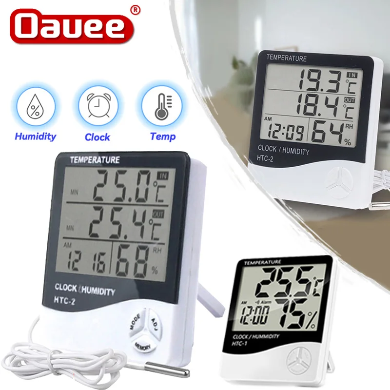 

LCD Electronic Digital Temperature Humidity Meter Thermometer Hygrometer Indoor Outdoor Weather Station Clock HTC-1 HTC-2
