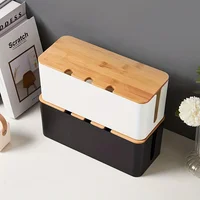 Desktop Storage Box with Bamboo Wooden Cover Hole Electrical Wire Storage Box Desktop Storage Makeup Organization Home Supplies 1
