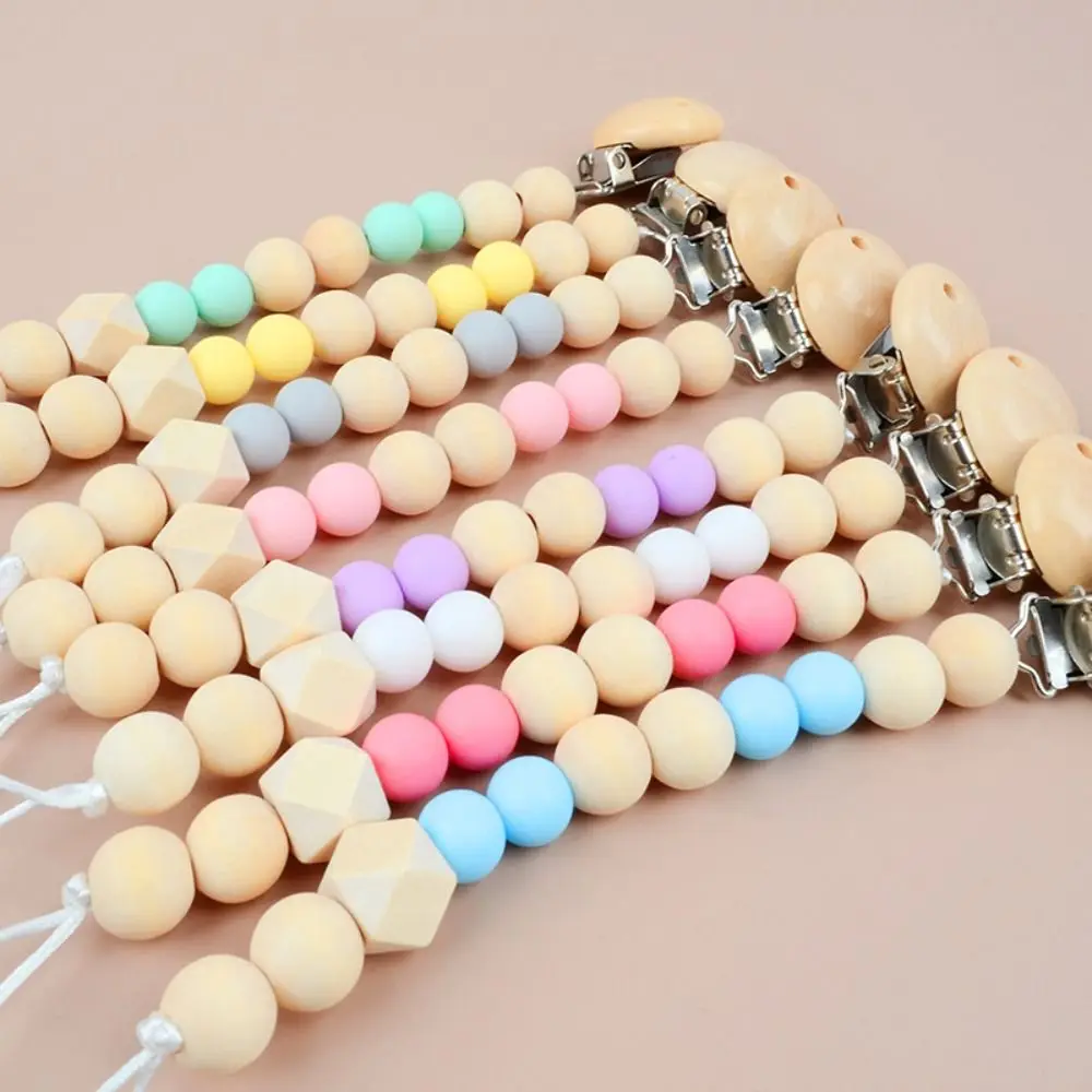 

Dummy Clips Pacifier Holder Clips Round Space Beads Wood Baby Pacifier Chain Nipple Holder Clips Soother Holder