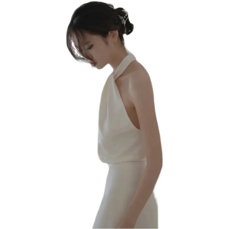 Sexy Backless Soft Satin Wedding Dress Classic Halter Sleeveless Elegant Bridal Dresses Simple A-line Party Dress Customized