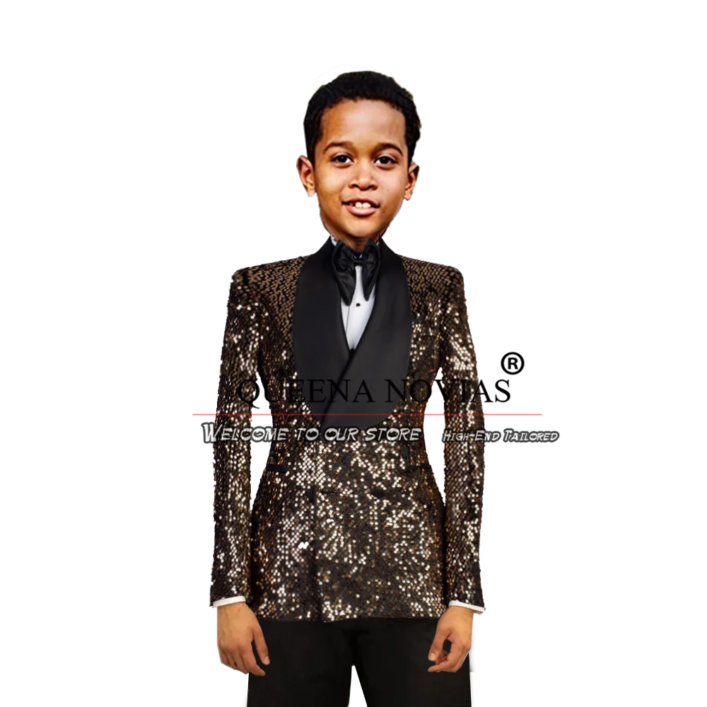 

Elegant Boy's Suit For Wedding Black Shawl Lapel Sequins Jacket Pants 2 Piece Children Birthday Party Tuxedos Tailored Blazers