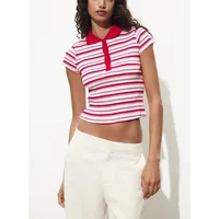 Summer New Women's  irt ort Sve Turn-down Collar Striped Ribbed Knit Button Decoration Slim Fit Classic Sle Casu... - Image 2