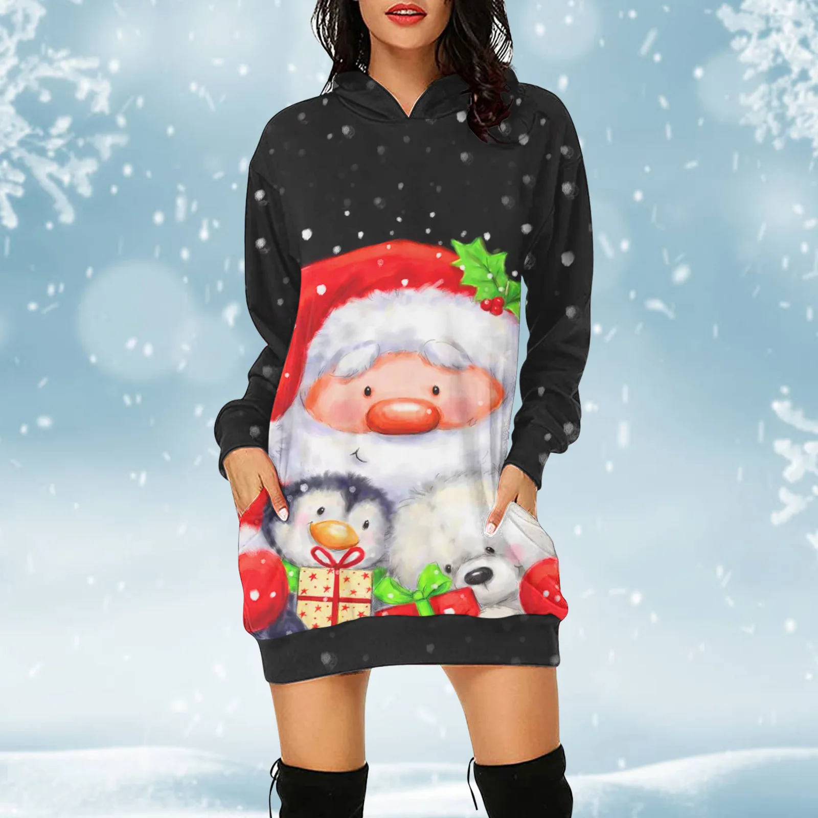 

Funny Women's Hoodies Dress Fashion Casual Pullover Skirt Santa Claus Print Sweatershirt Harajuku Festival Party Women's Clothes
