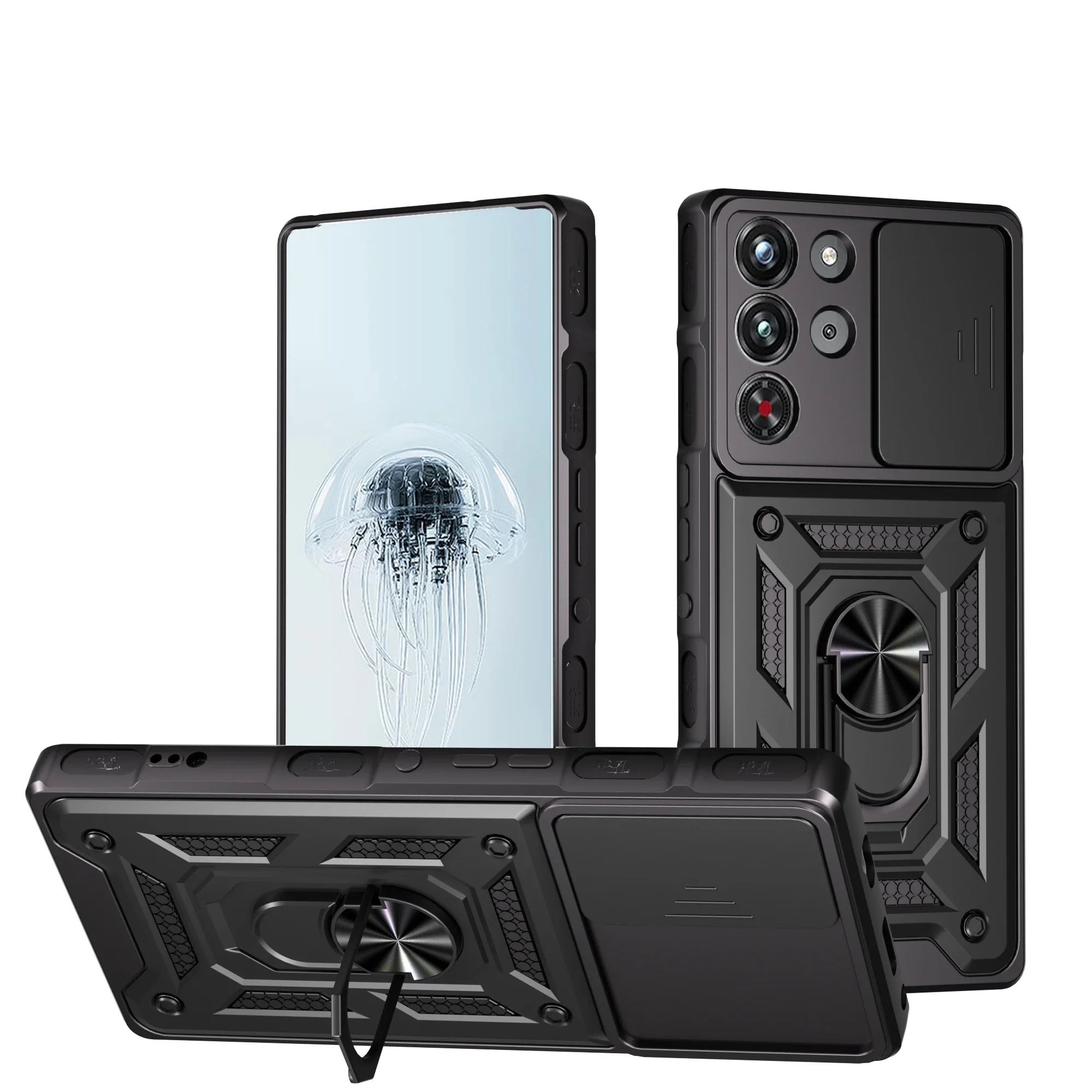 Camera Armor Phone Case with Magnetic Holder Ring and Full Lens Protection - Silicone Bumper Cover
