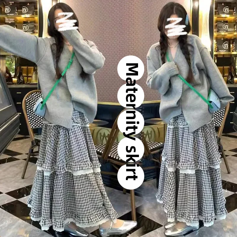 빈티지 격자 무늬 케이크 스커트 임산부 용수철 가을 스타일 우산 프린트, 허리 라인 없음, A 라인 하프 원피스, 공장 주식