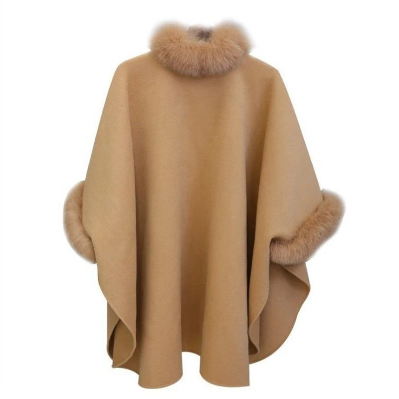 Fake Fur Coat Women Winter Stand Collar Casual Shawl Outwear Thick Warm Bat Sleevecape Overcoat Plus Size Midi-Length Jacket