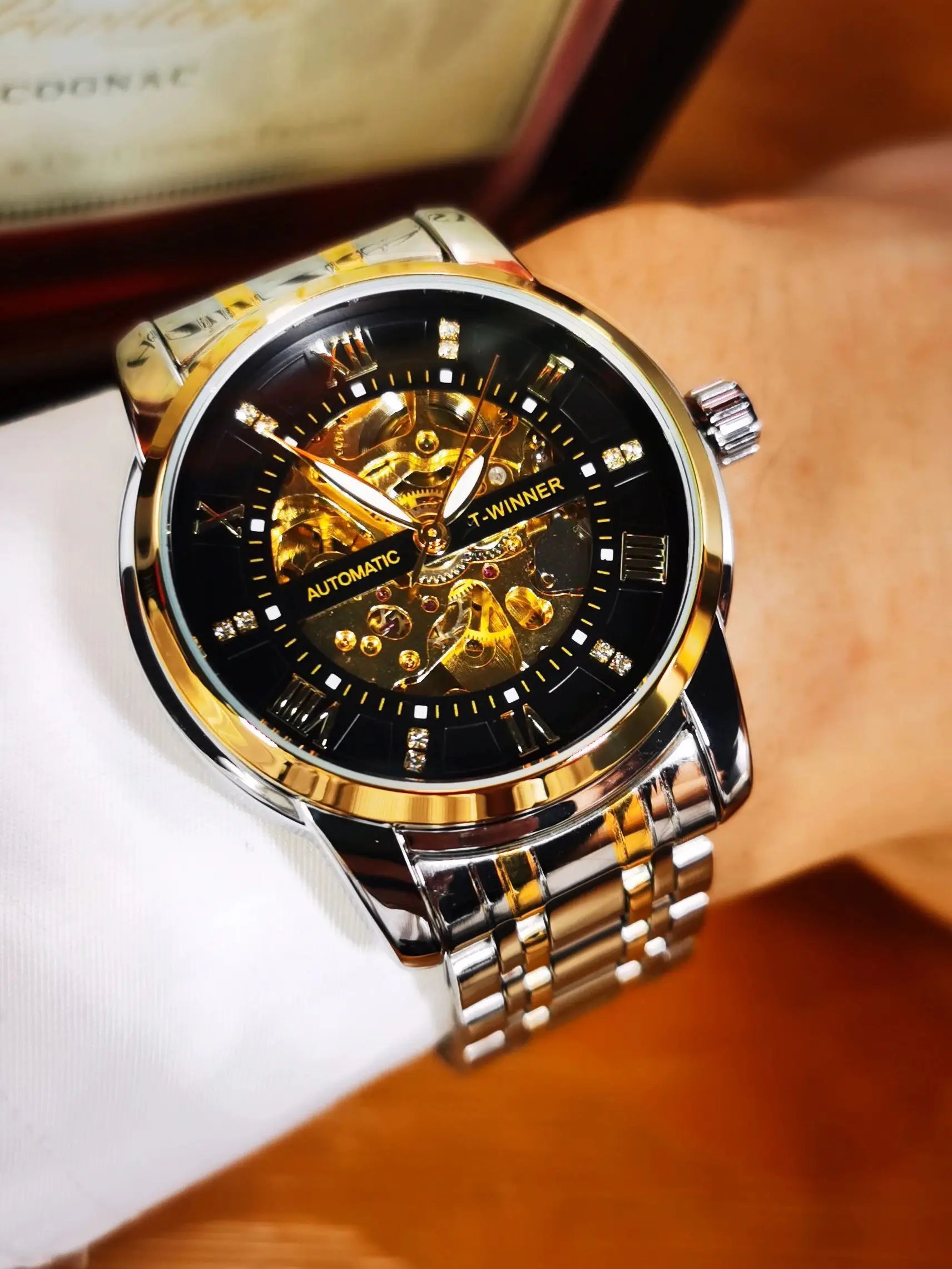 WINNER Gold Black Mechanical Watches Classic Retro Iced Out