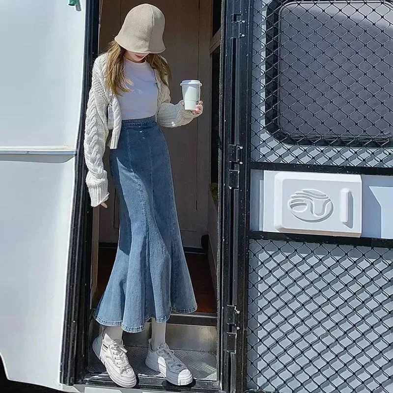 Single Ankle Length Denim Maxi Skirts Women Streetwear Casual High Waist Bud Sexy Split Up New Blue Mermaid Long Jeans Skirt XL