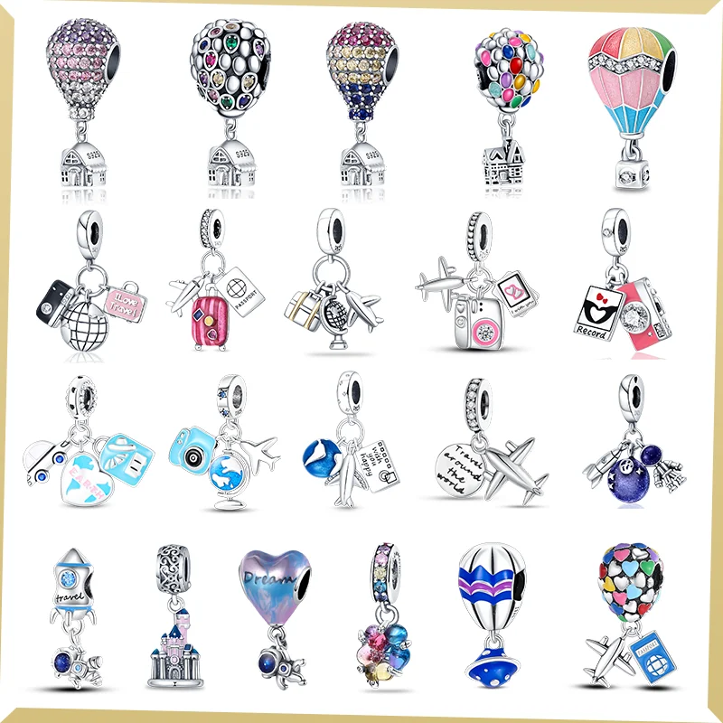 

925 Sterling Silver Hot Air Balloon Airplane Suitcase Charm Beaded Pendant For Original Pandora Bracelet Party DIY Women Jewelry