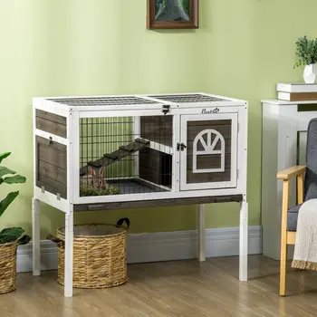 Rabbit Hutch Guinea Pig Cage w/ Removable Tray, Openable Roof 2