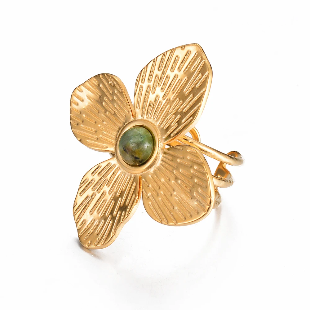 Adjustable New Stainless Steel Flower Turquoise Natural Stone Big Open Ring for Women Charm Trendy Finger Jewelry Bijoux Gift
