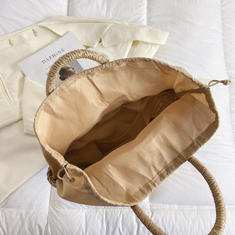 Plain Bowknot Braided Drawstring Handle Bag Beige One Size in 2023