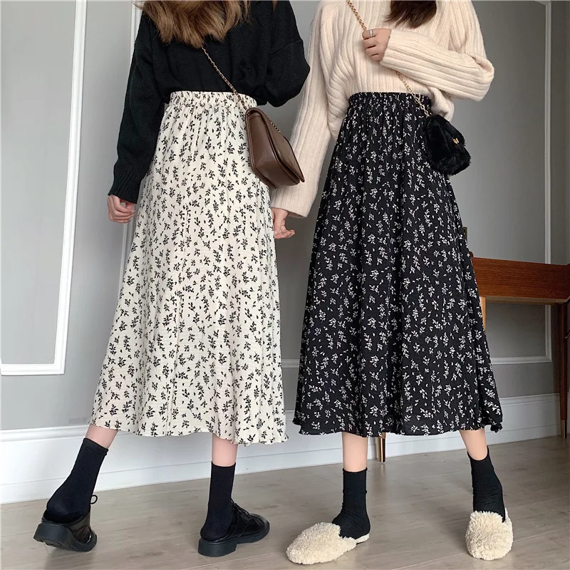 

Vintage Floral Print A-line Pleated Long Skirts Summer Women 2022 Korean Skirt Streetwear Drawstring Elastic Waist Midi Skirt