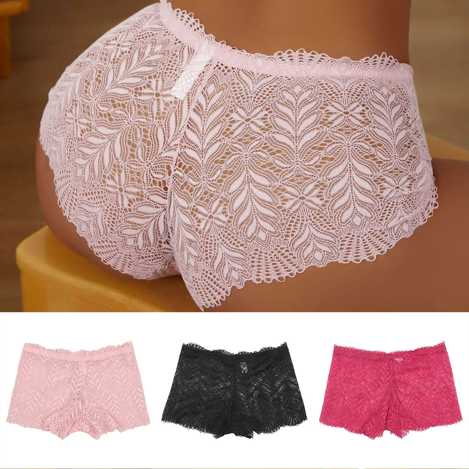 Sexy Women's Underwear Lace Boxers Mid Waist Butt Lift Leaf Shaped Breathable Butt Covering Large Size Pants Lingerie For Ladies women shorts underwear