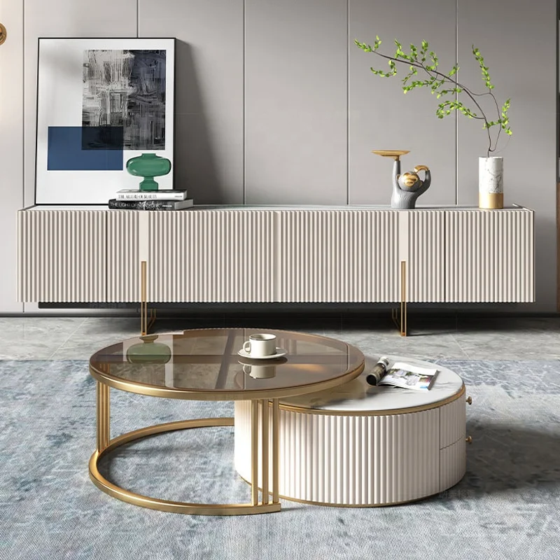 NOVA Minimalist Style White TV Unit Stand Stone Top Media Entertainment Center Cabinet For Living Room Furniture