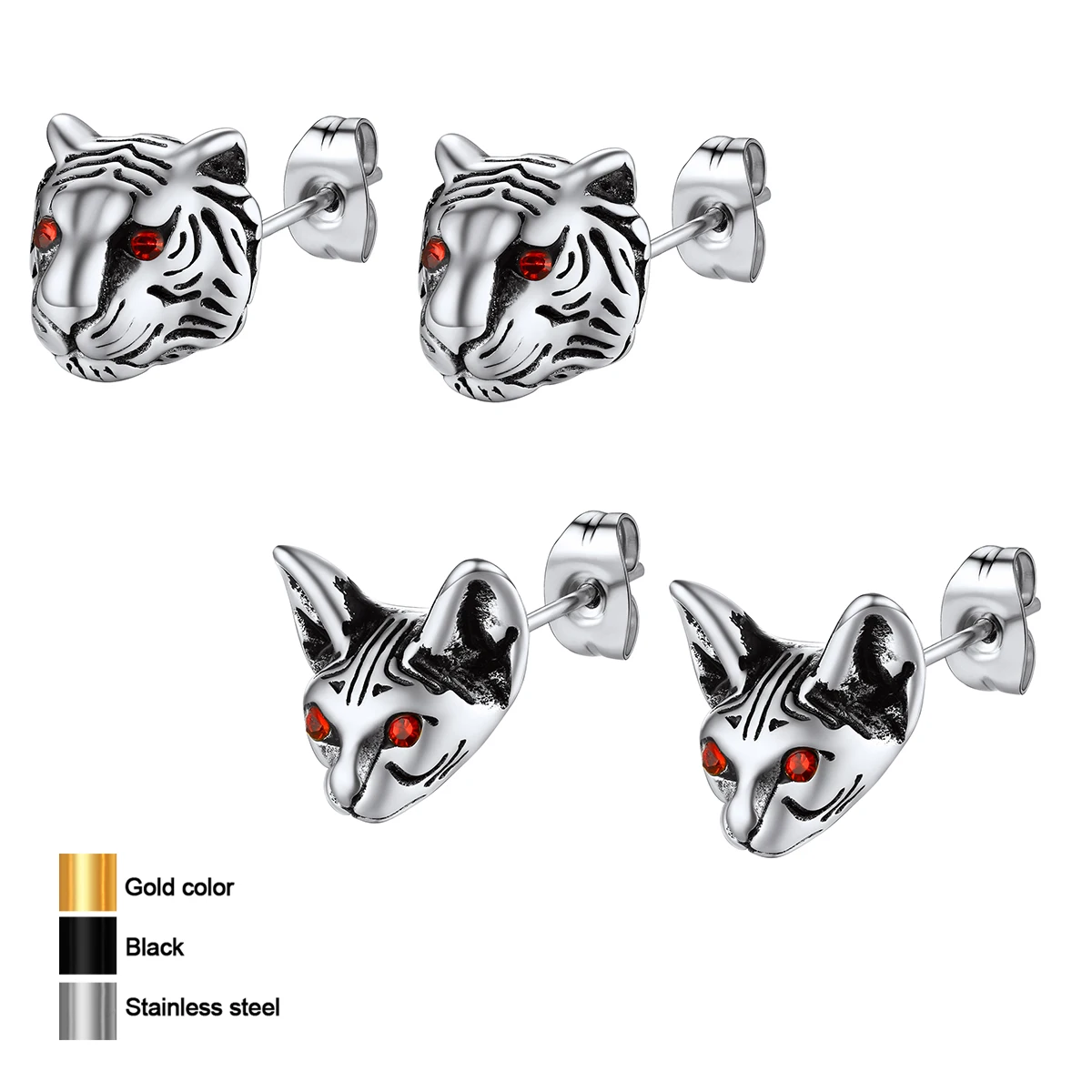 U7 Stainless Steel 3D 10mm Sphinx Cat Tiger Animal Stud Earrings