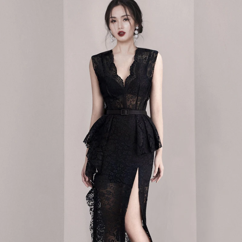 

Luxury High Waist Ruffles Elegant Party Lace Dress Women Sexy Deep V Neck Black Sleeveless Vintage Split Long Vestidos F634