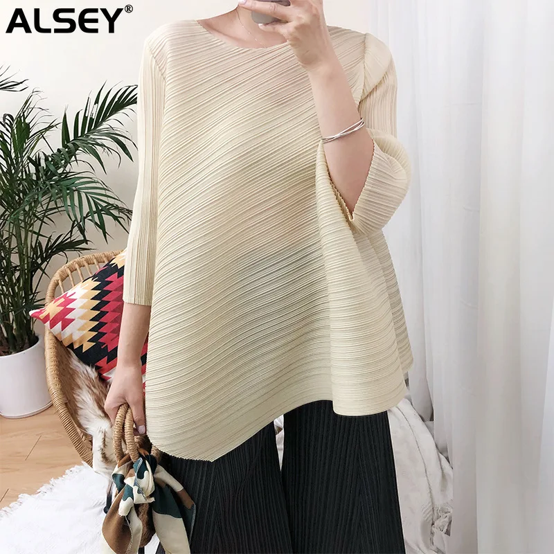 

ALSEY Miyake Pleated Women's Tops Aesthetic Elegant Loose Casual Solid Color High Rebound Long Sleeve Fashion Top T-Shirt 2023