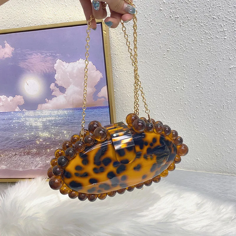 Leopard Beads Acrylic Box Evening Clutch Bag 2025 Women Designer Luxury Sequin Purses And Handbags Wedding Party Purse Clutches