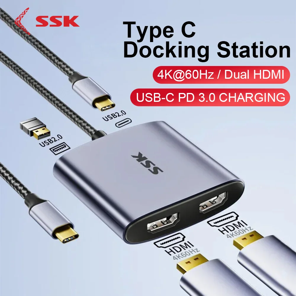 

SSK USB C To Dual HDMI Adapter 4K/60Hz 4 in 1 Laptop HDMI Splitter HDMI 4K 100W PD USB 2.0 Port for MacBook Thunderbolt HUB