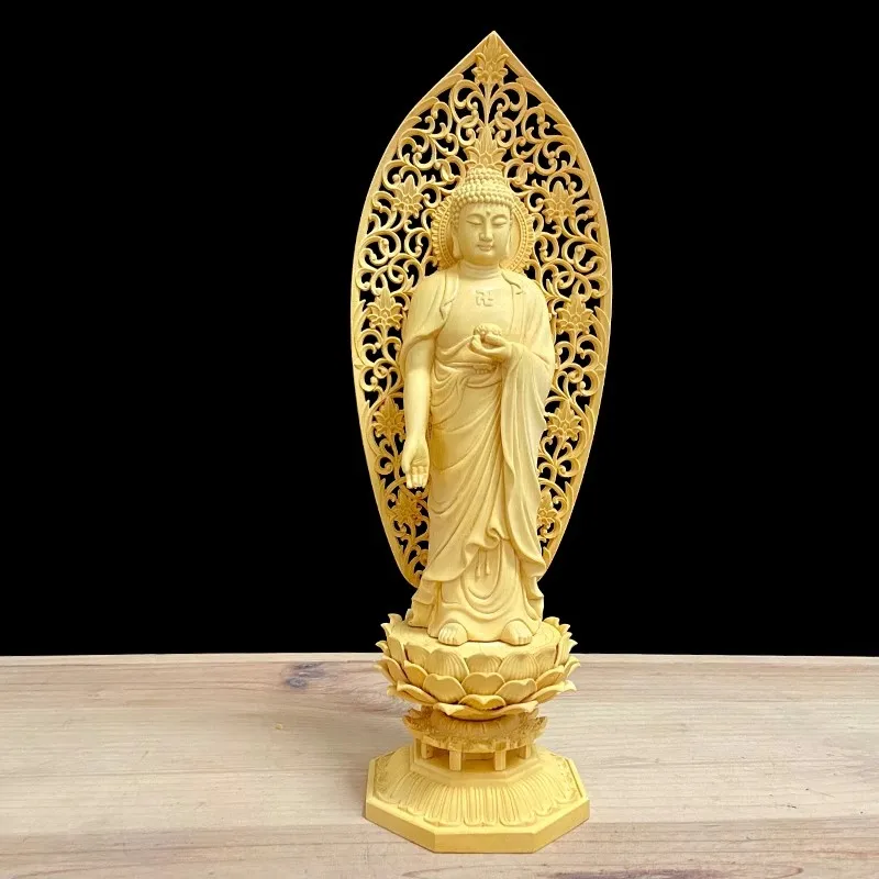 Solid wood carving 28cm statue of Amitabha，Semi-hand carved Buddha statue Feng Shui Decoration Statue for Home Living Room