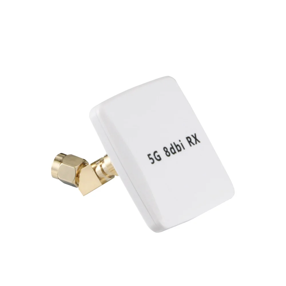 Antenne FPV pannel rectangulaire blanche avec connecteur SMA, vue de face sur fond clair.