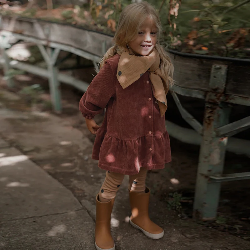 Autumn Retro Corduroy Buttons Up Long-Sleeved Dress For Girls New Children's Casual Loose Ruffled Princess Dresses TZ357