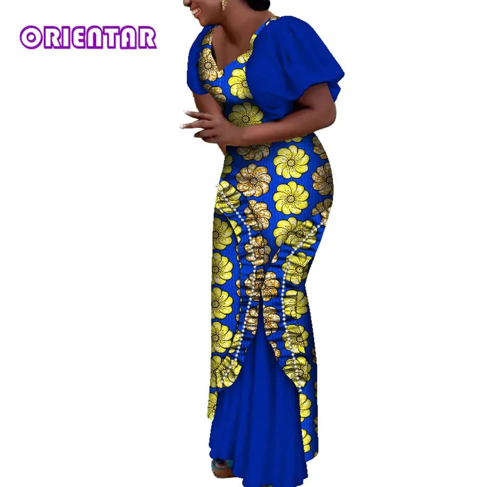 African Maxi Dress Women Fashion Puff Sleeve Long Dress African Wax Print Cotton Dress with Ruffles Pearls Evening Gowns WY9059